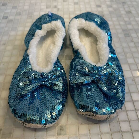 Snoozies Ballerina Blue Sequin Women House Slippers - Picture 1 of 7
